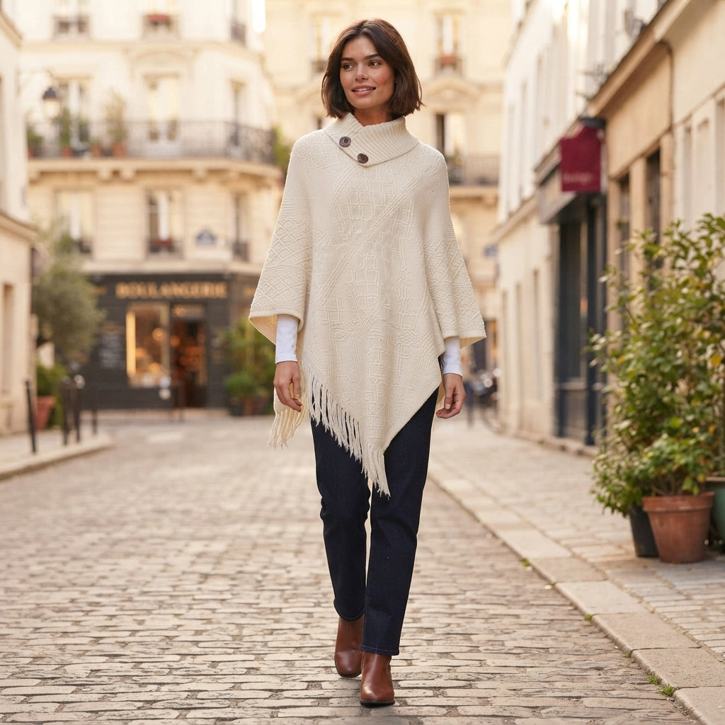 Poncho à franges en coton à col roulé