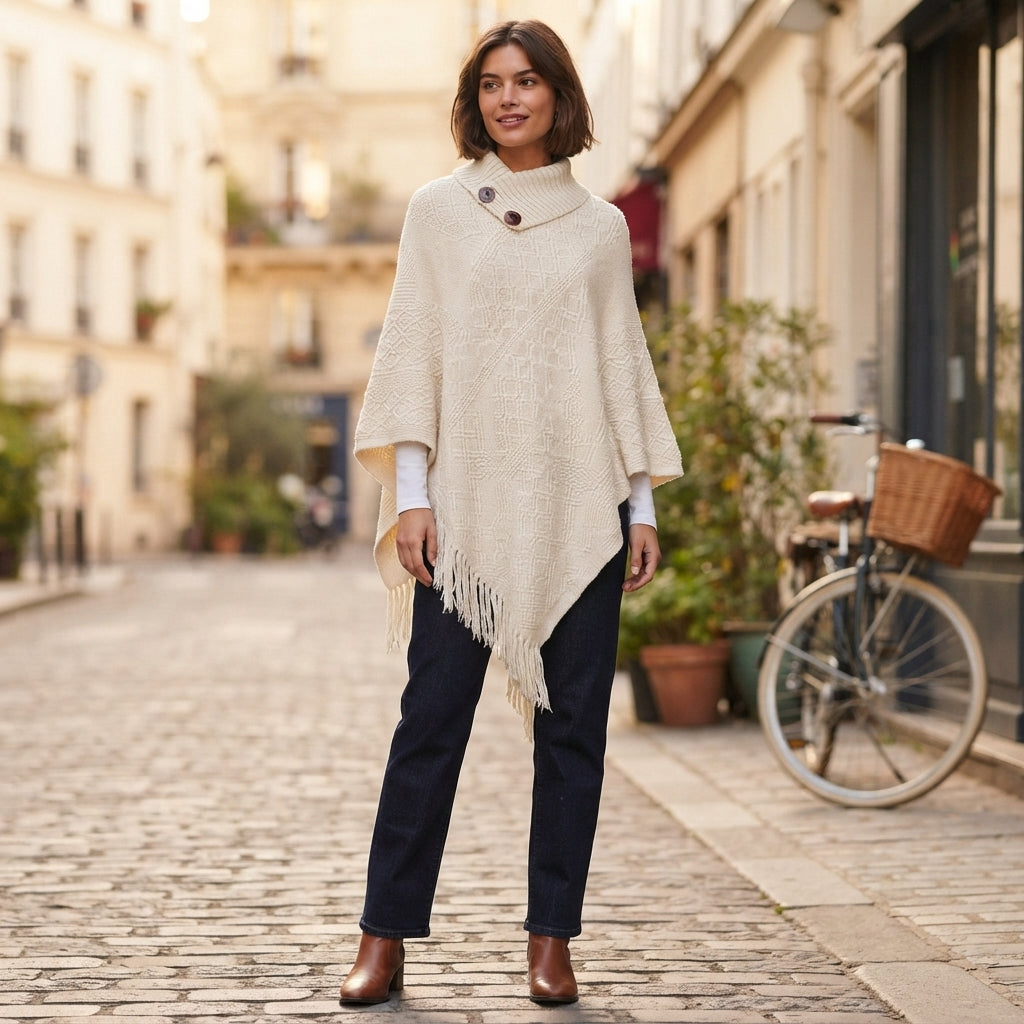 Poncho à franges en coton à col roulé
