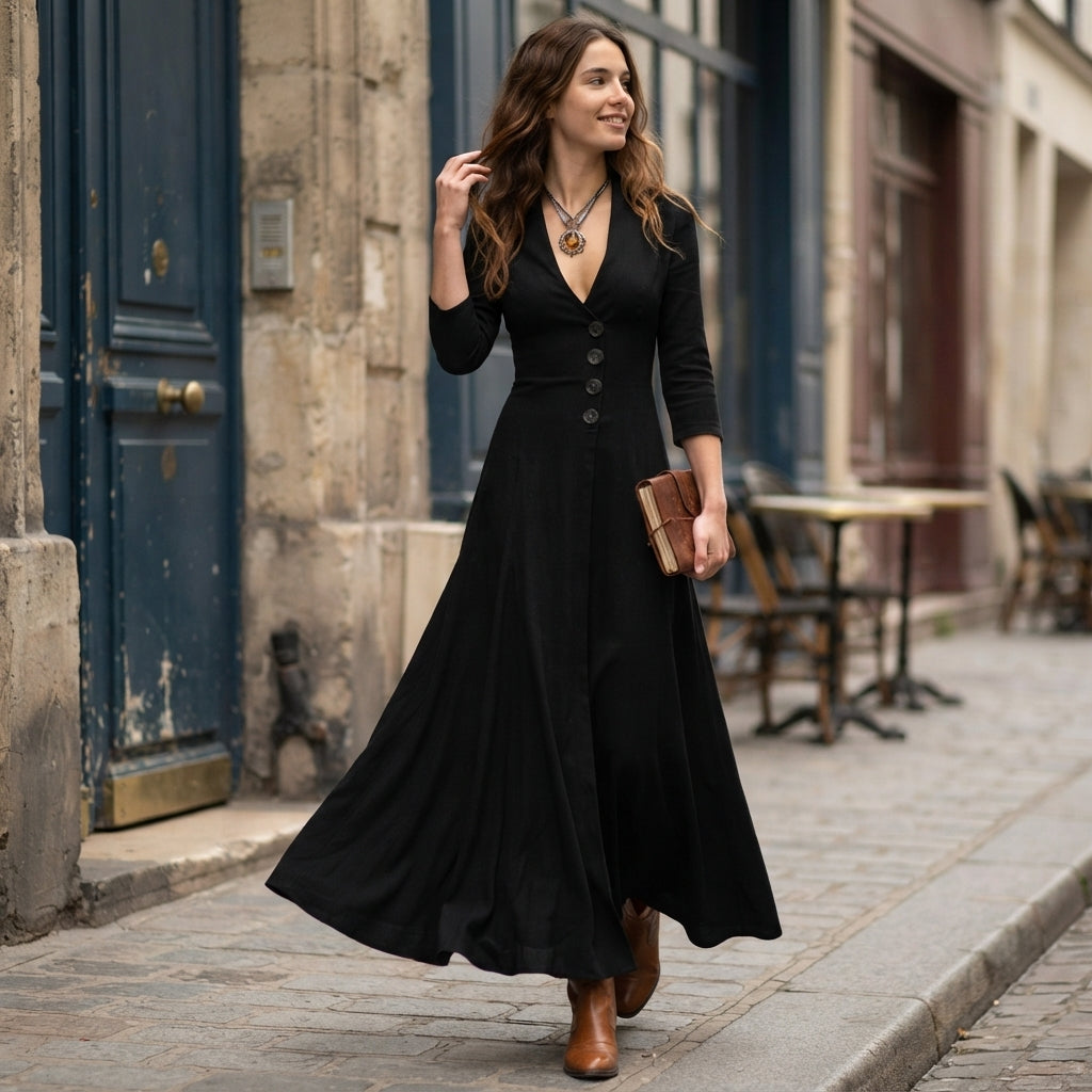 Robe midi trapèze boutonnée