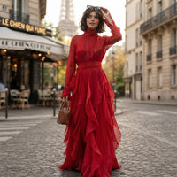 Robe longue rose à volants