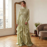 Robe longue rose à volants