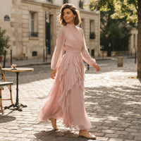 Robe longue rose à volants