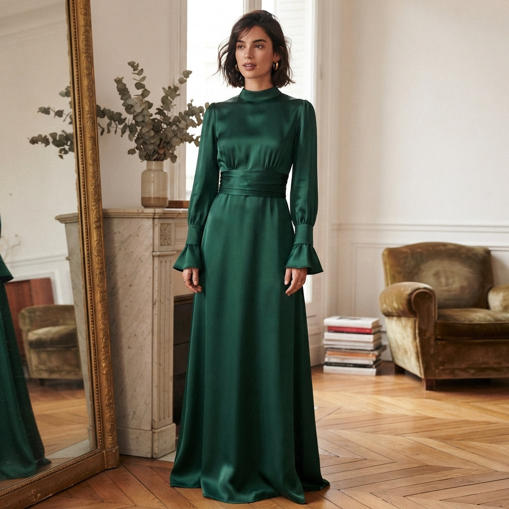 Robe longue en satin à manches bouffantes