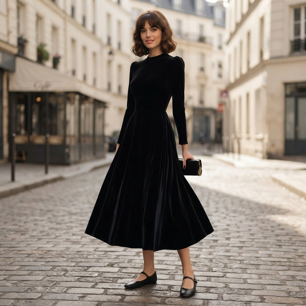 Robe midi en velours bleu marine Elissa