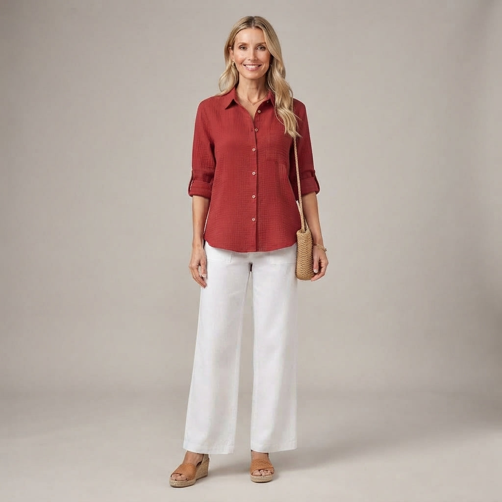 Chemise à revers en coton et lin