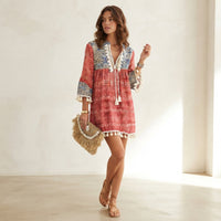 Robe bohème patchwork à pompons