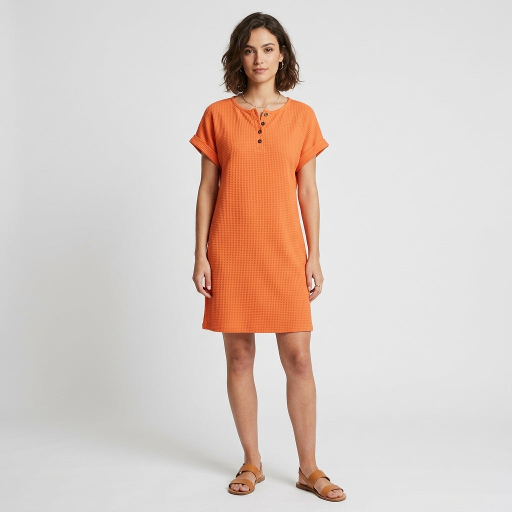 Robe Henley à poche en mélange coton-lin
