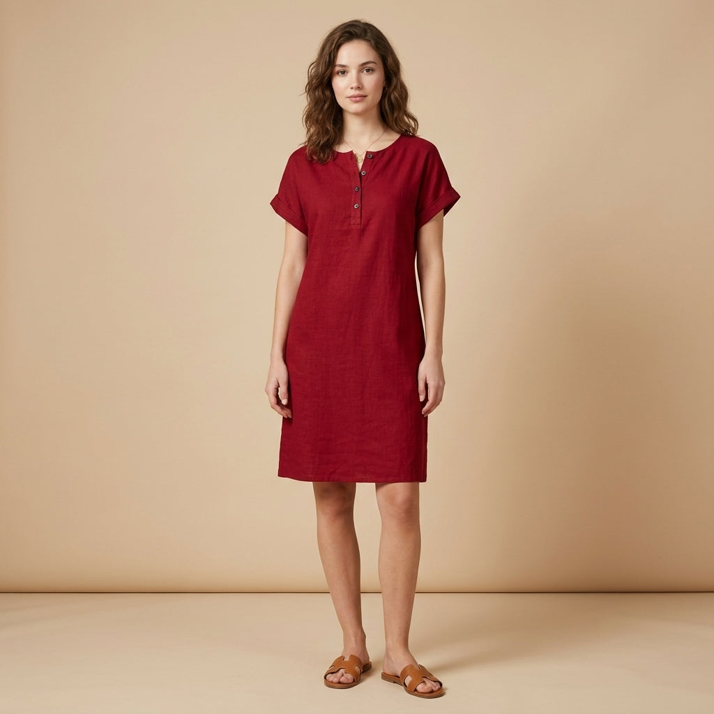 Robe Henley à poche en mélange coton-lin