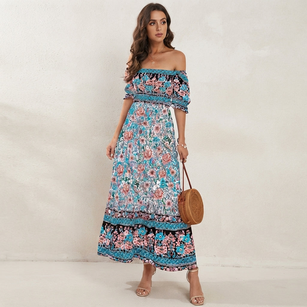 Robe longue bohème à fleurs et épaules dénudées