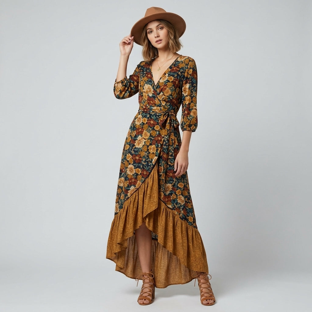 Robe longue portefeuille à motifs floraux pour l'automne