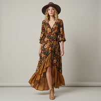 Robe longue portefeuille à motifs floraux pour l'automne