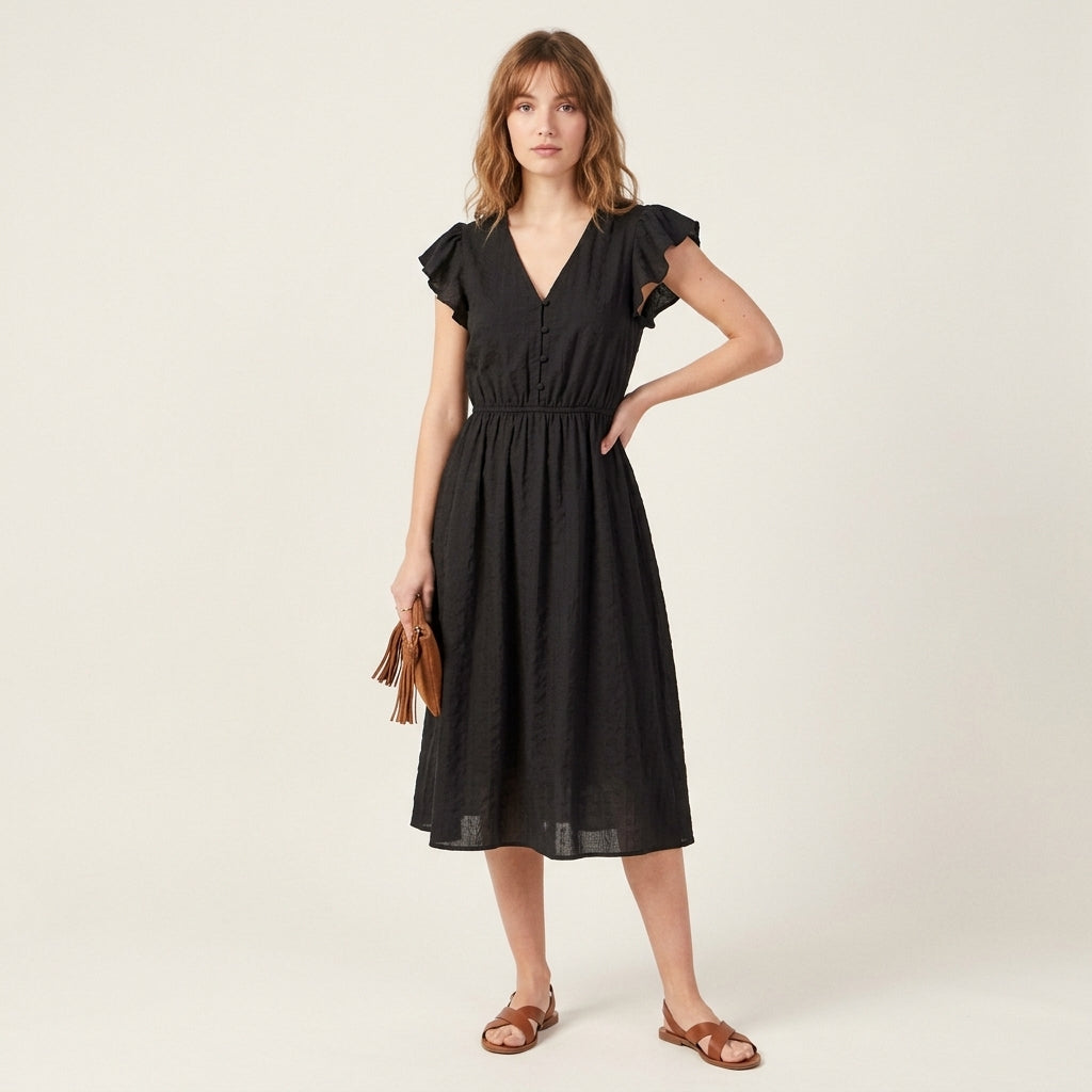 Robe midi à col en V et volants