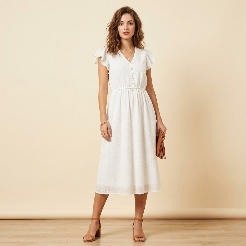 Robe midi à col en V et volants