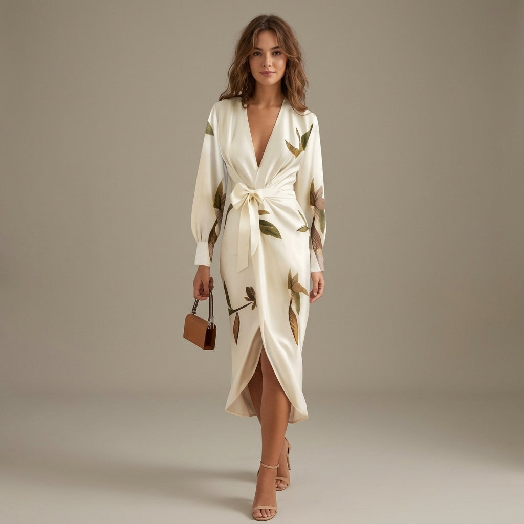 Robe midi portefeuille en satin à motif floral