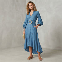 Robe midi évasée à col en V et ceinture