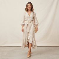 Robe midi évasée à col en V et ceinture