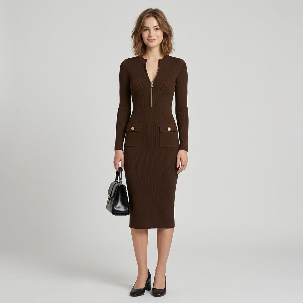 Robe midi côtelée zippée Zoe