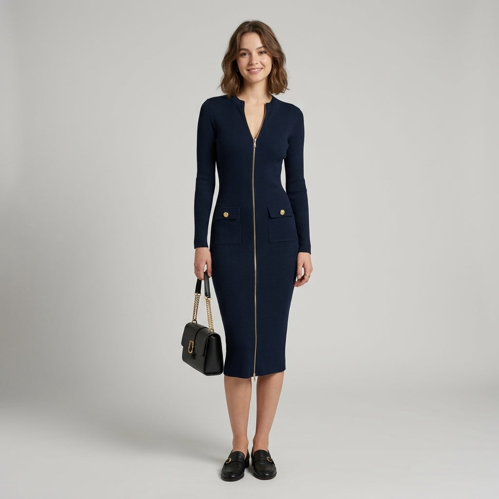 Robe midi côtelée zippée Zoe