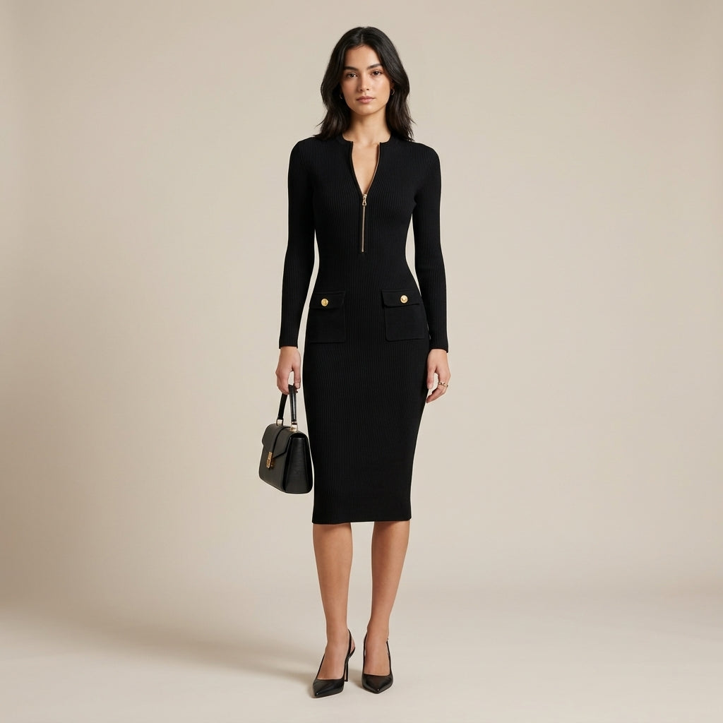 Robe midi côtelée zippée Zoe