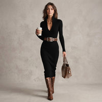 Robe midi côtelée à col montant et décolleté en V