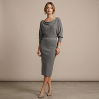 Robe midi en maille côtelée à manches chauve-souris