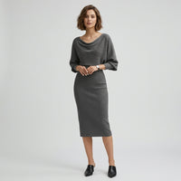 Robe midi en maille côtelée à manches chauve-souris