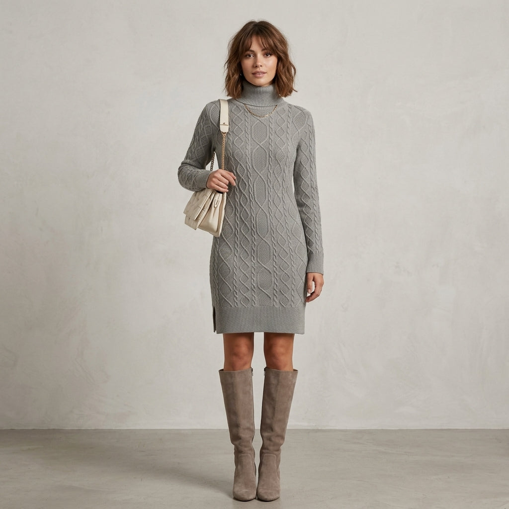 Robe-pull à col roulé en maille torsadée