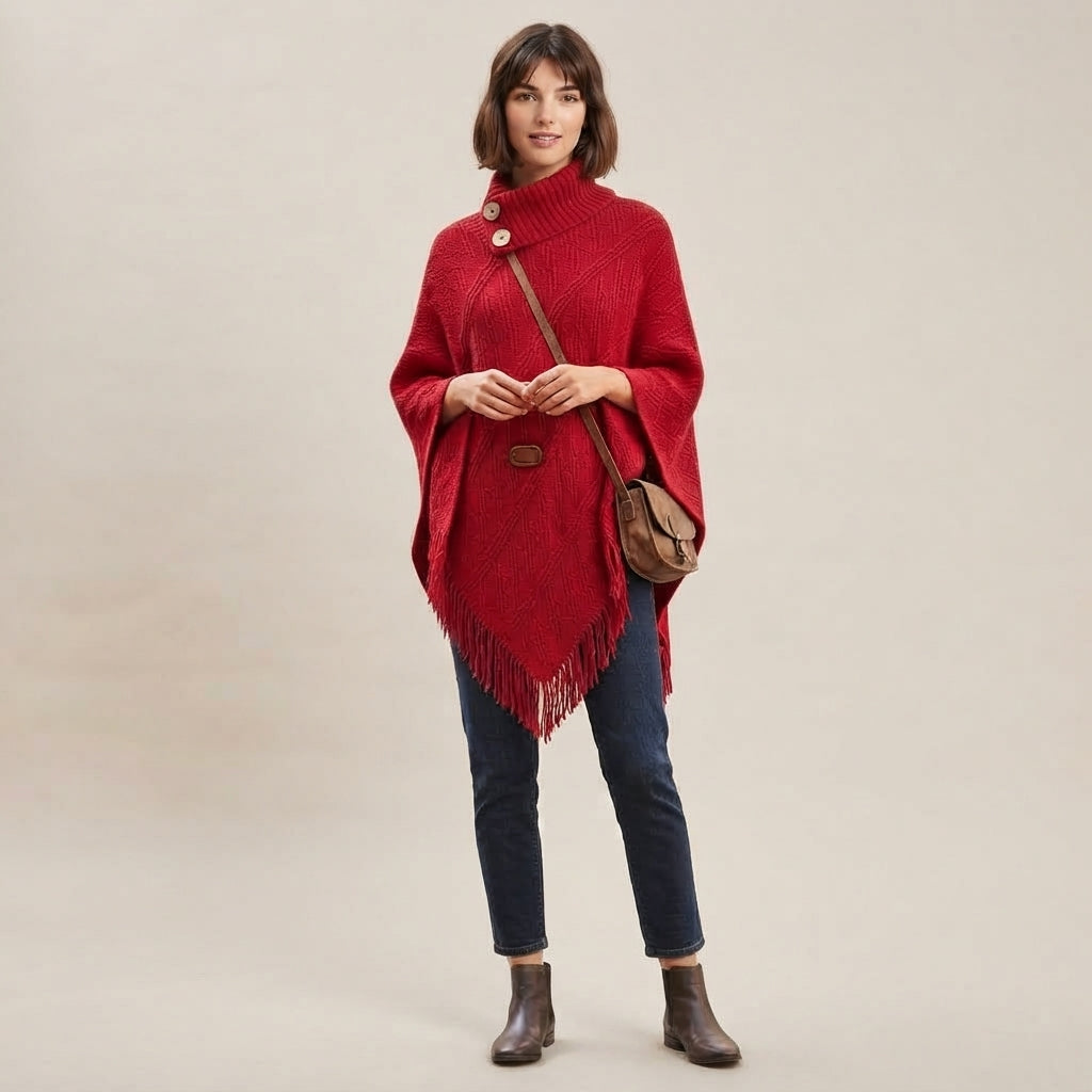 Poncho à franges en coton à col roulé