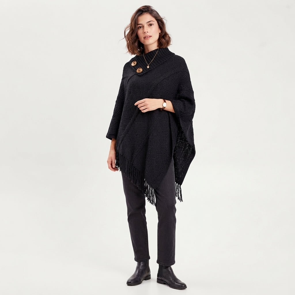 Poncho à franges en coton à col roulé