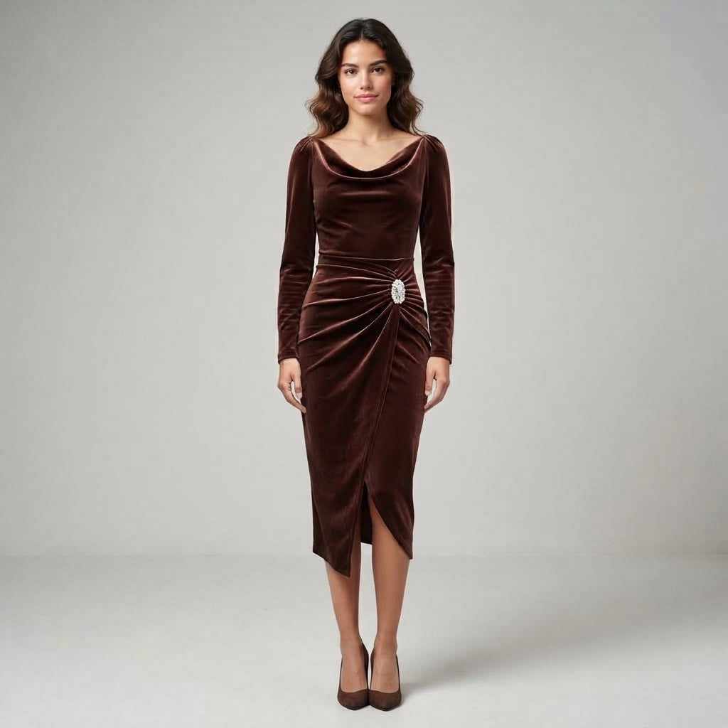 Robe drapée en velours à manches longues