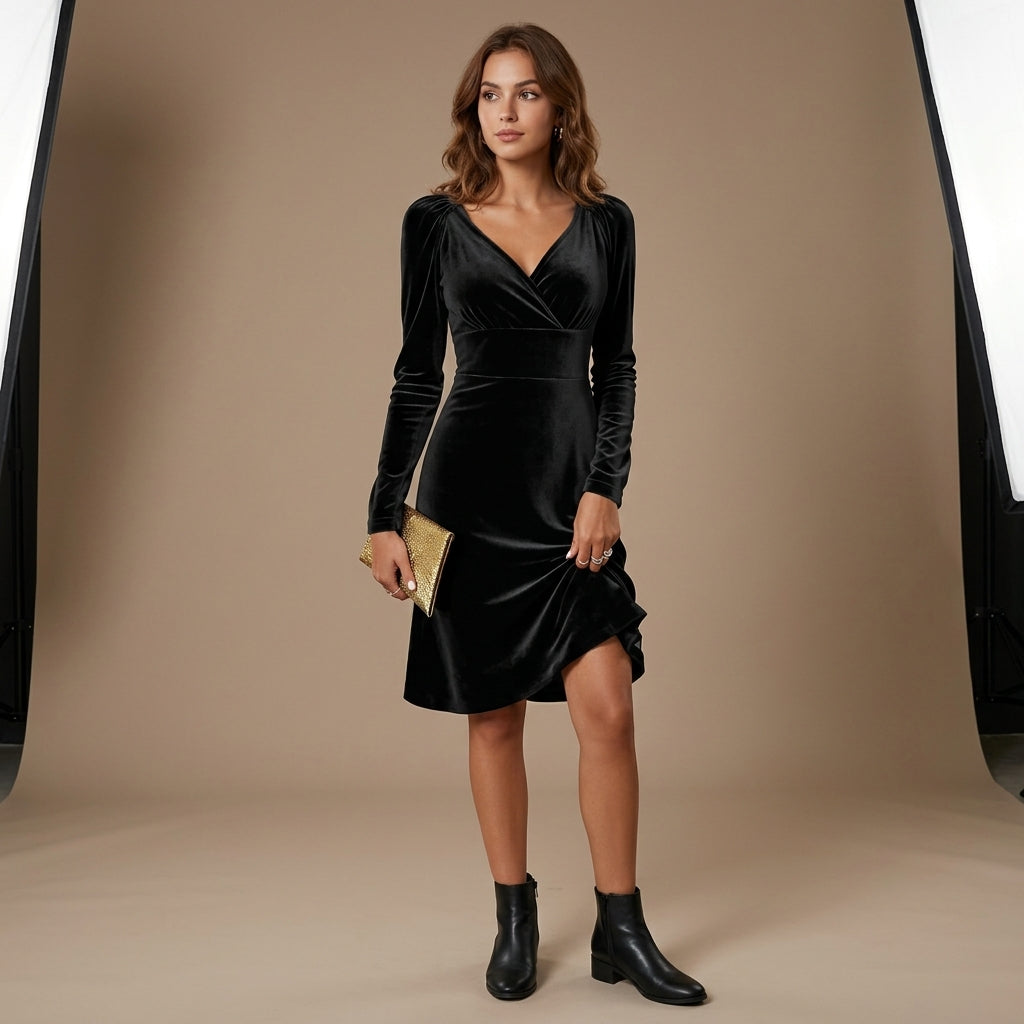 Robe longue en velours à col en V