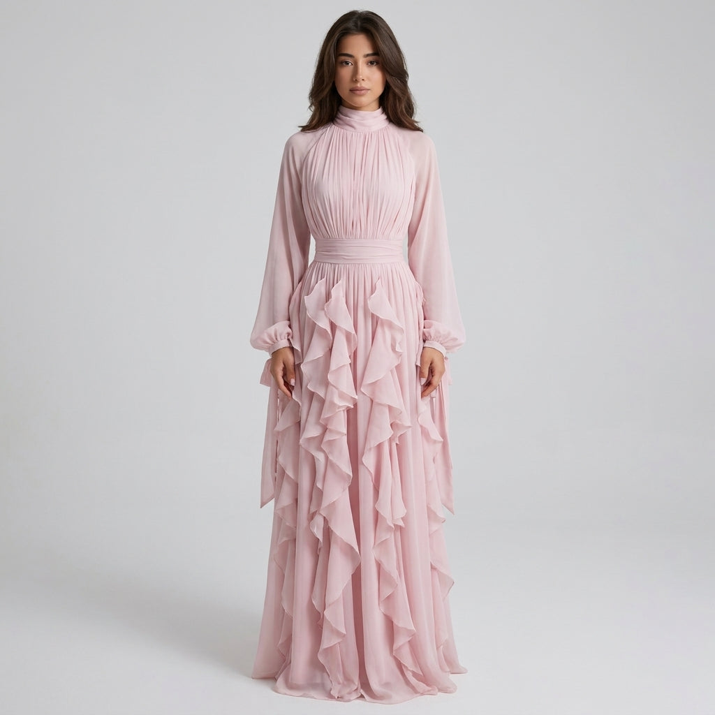 Robe longue rose à volants