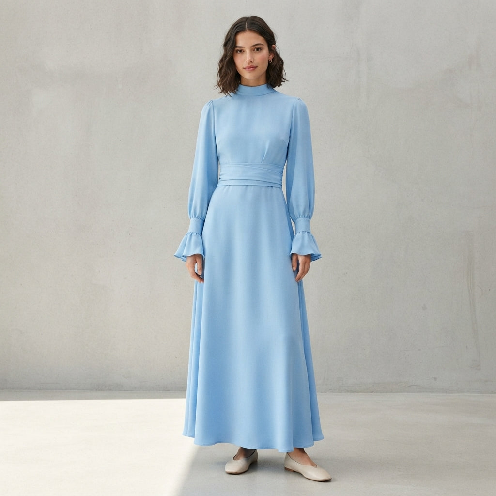 Robe longue en satin à manches bouffantes