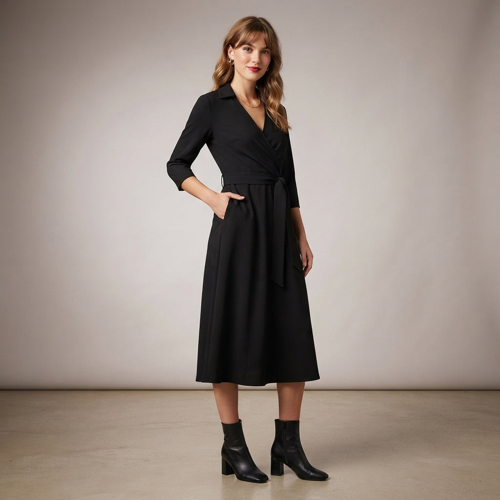 Robe midi cache-cœur à manches longues
