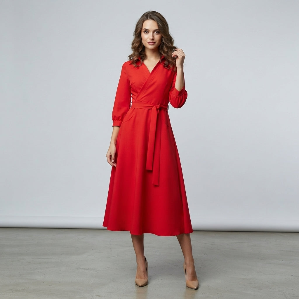 Robe midi cache-cœur à manches longues