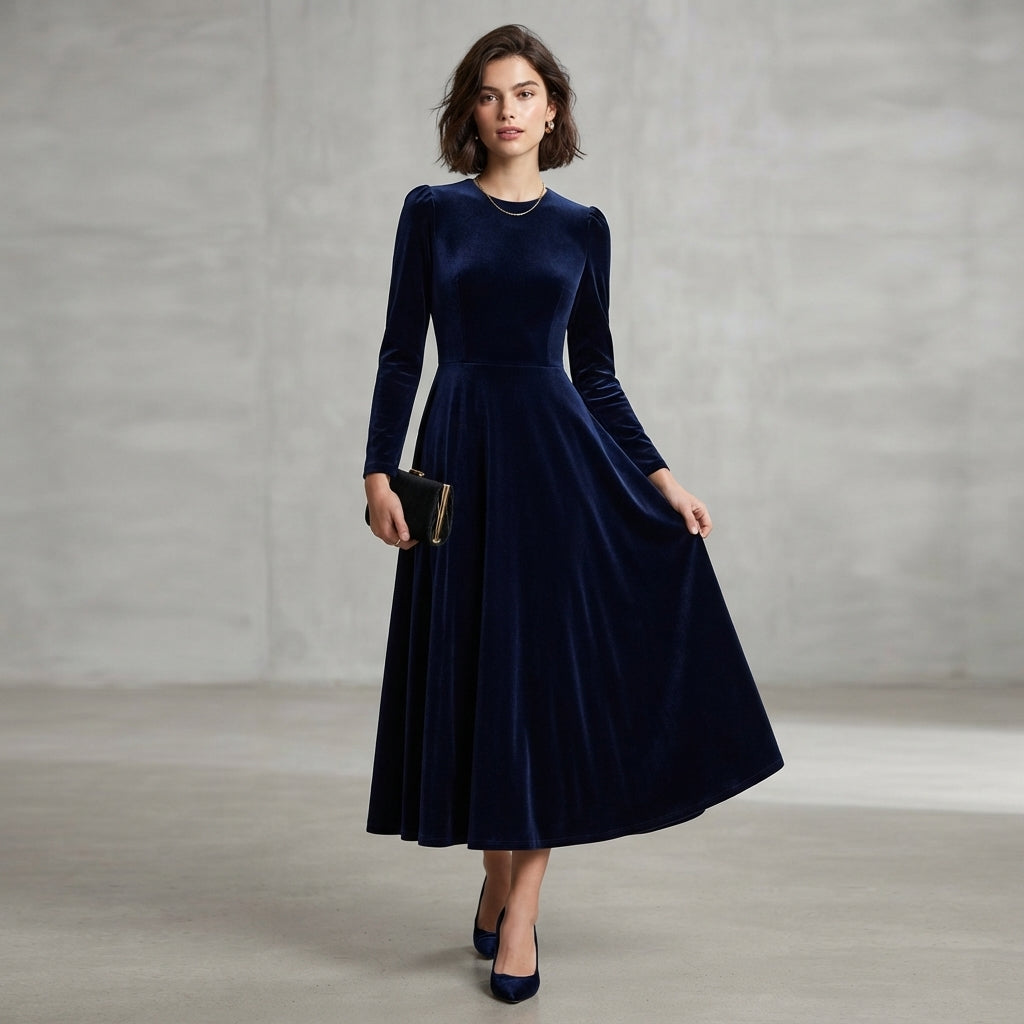 Robe midi en velours bleu marine Elissa