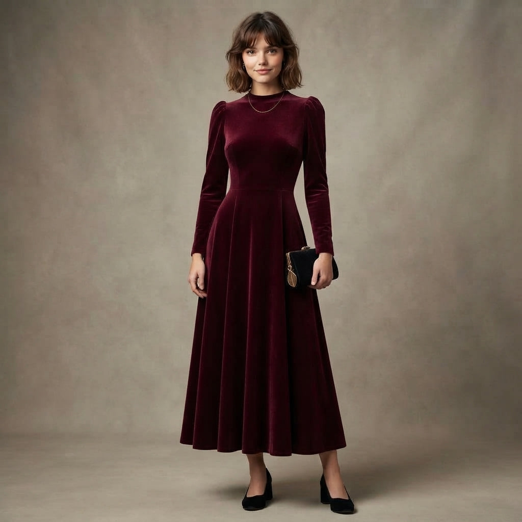 Robe midi en velours bleu marine Elissa