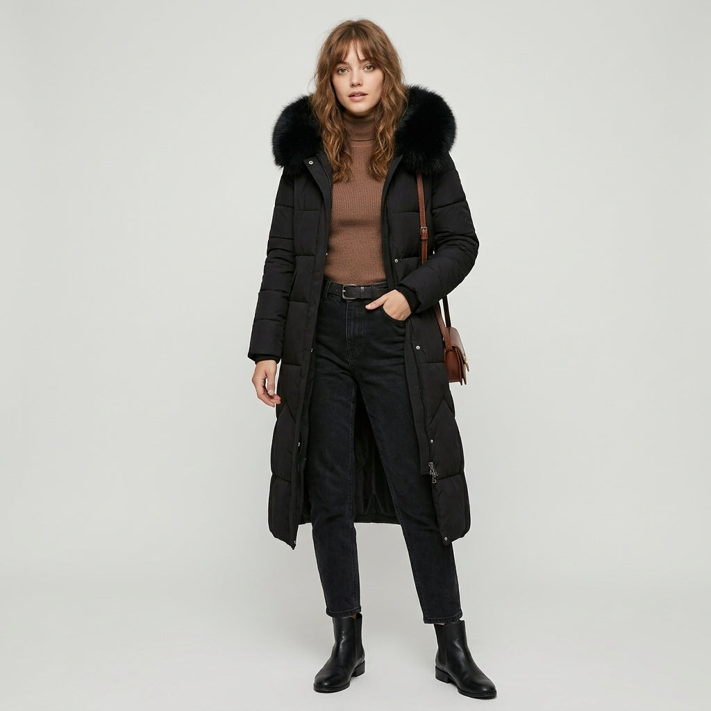 Manteau matelassé long à capuche bordée de fourrure