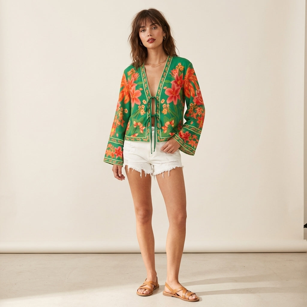 Veste courte bohème à motifs floraux