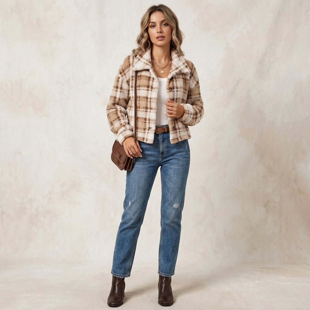 Veste décontractée en matière pelucheuse à motif damier