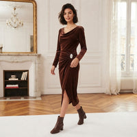 Robe drapée en velours à manches longues