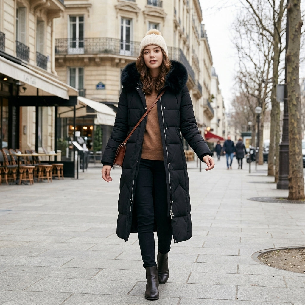 Manteau matelassé long à capuche bordée de fourrure