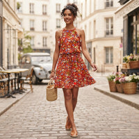 Floral print hippie backless dress