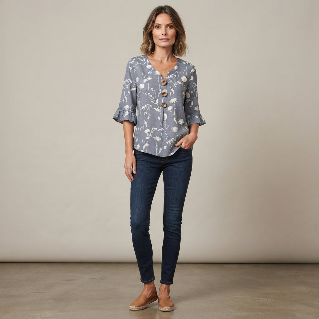 Blouse en coton et lin à manches volantées