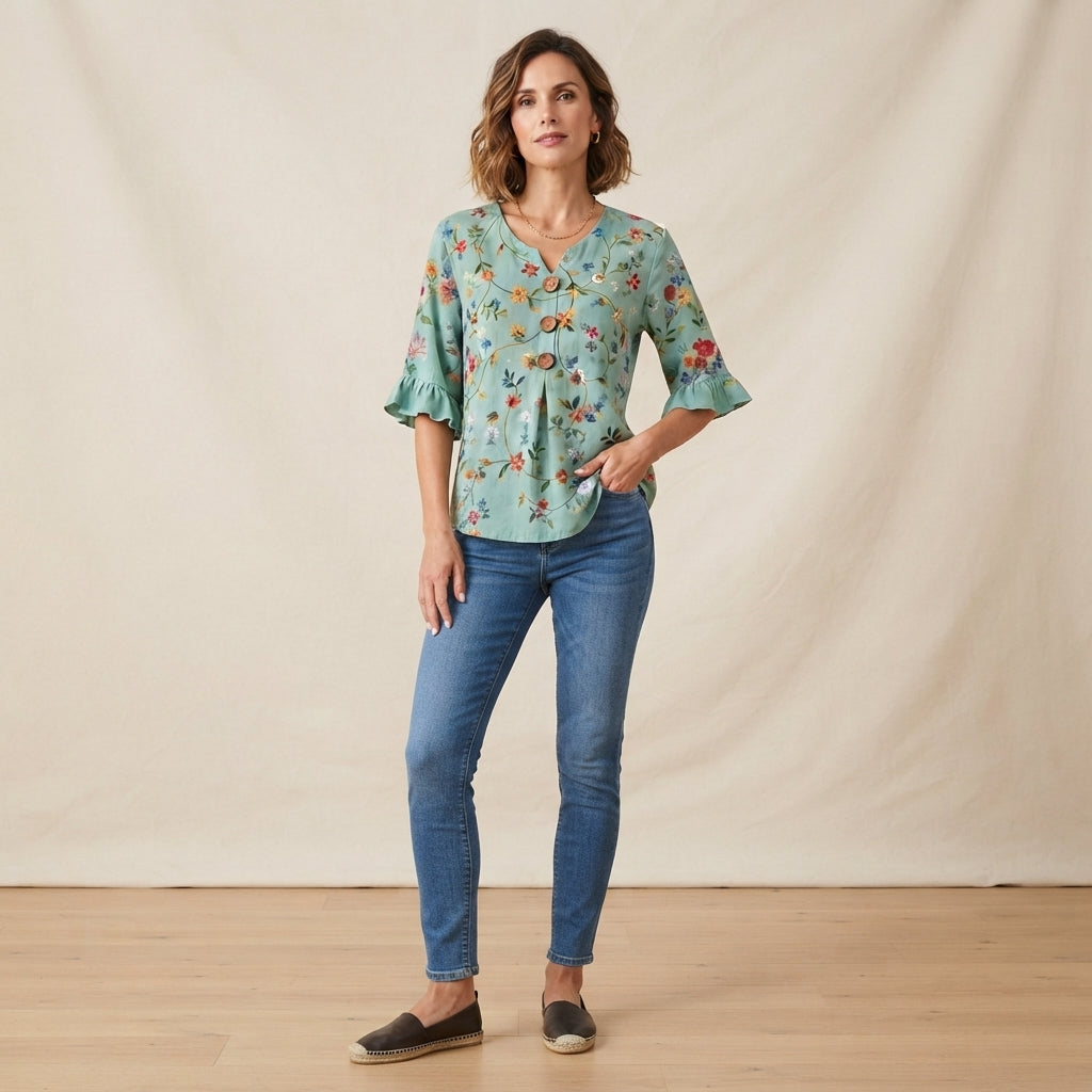 Blouse en coton et lin à manches volantées