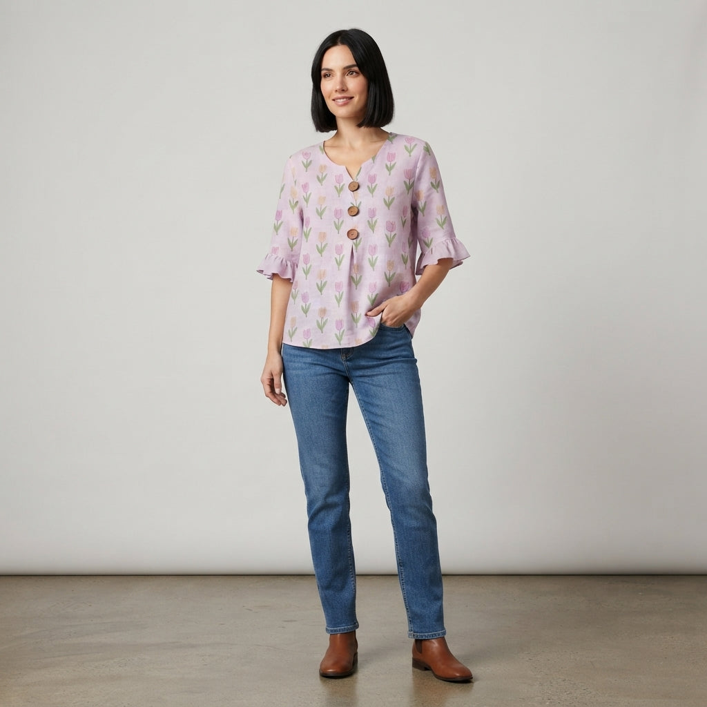 Blouse en coton et lin à manches volantées
