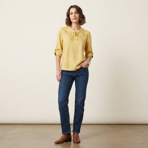 Haut en lin brodé de motifs floraux