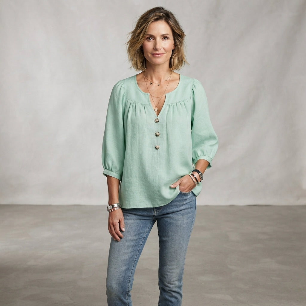 Blouse boutonnée à col en V et manches trois-quarts
