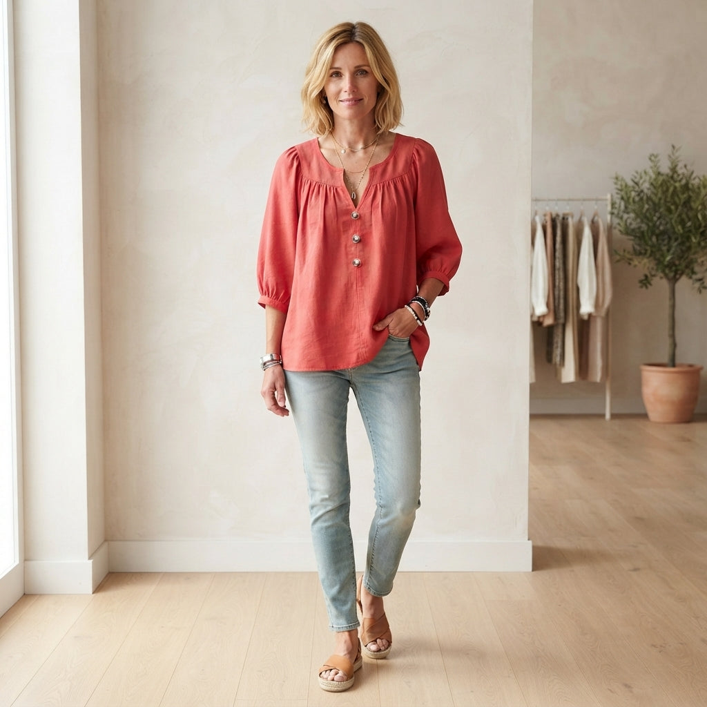 Blouse boutonnée à col en V et manches trois-quarts