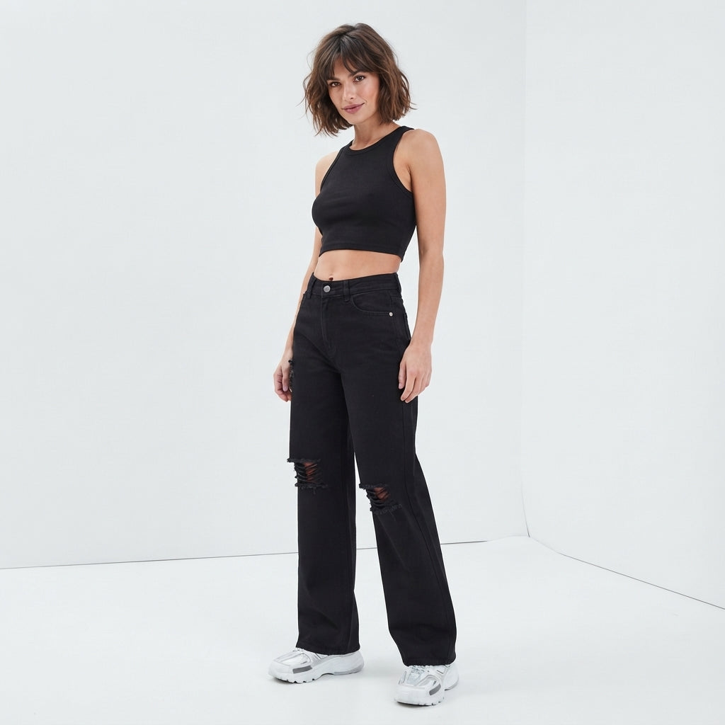 Jean baggy taille mi-haute effet usé
